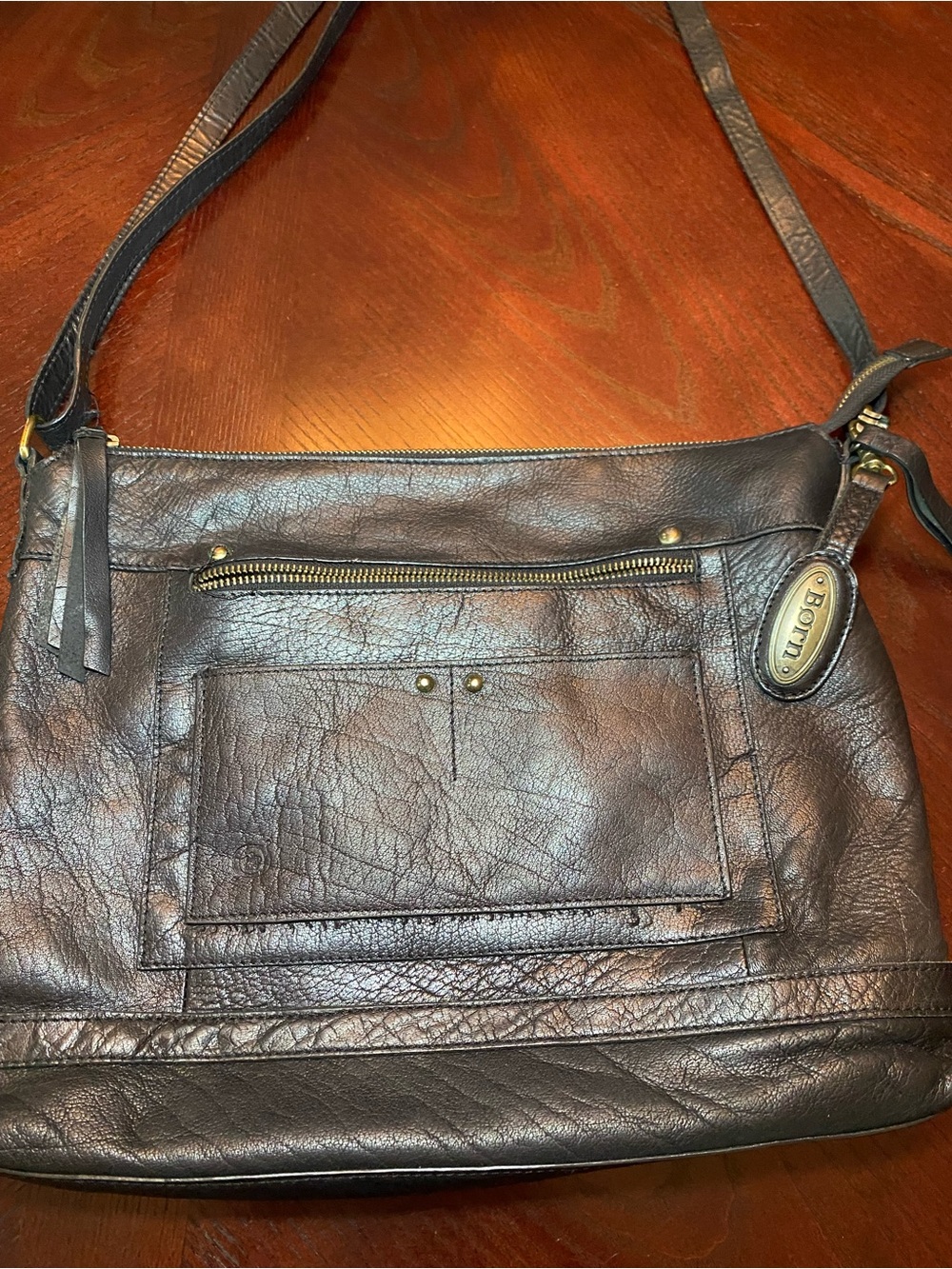 Born Black Leather Shoulder Bag with Front Zipper Pocket, zipper needs repair